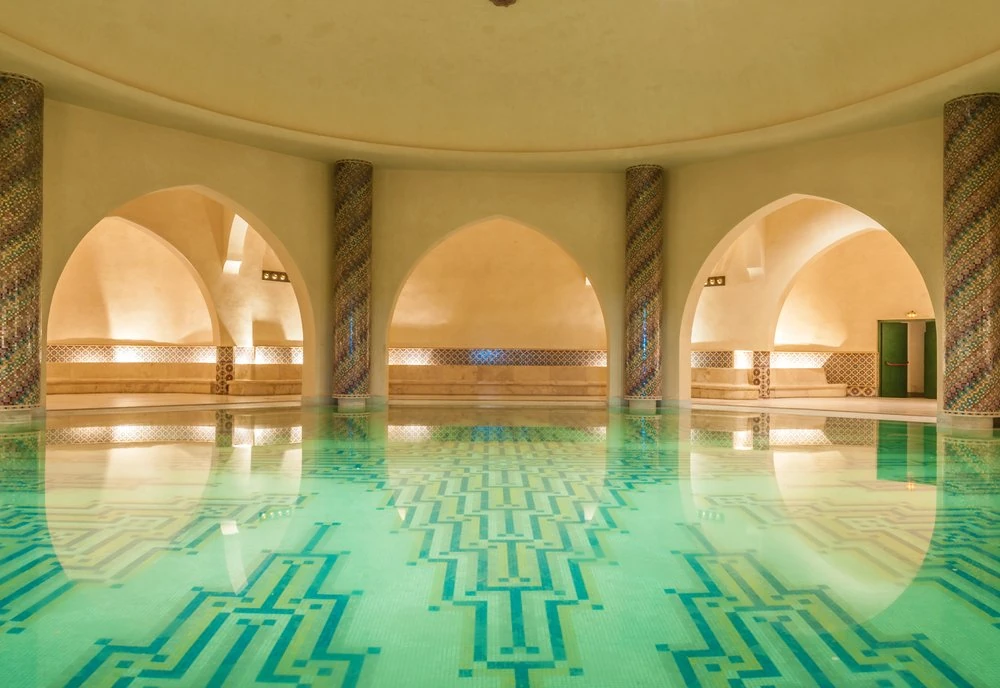 Traditional tiled hammam interior in Morocco