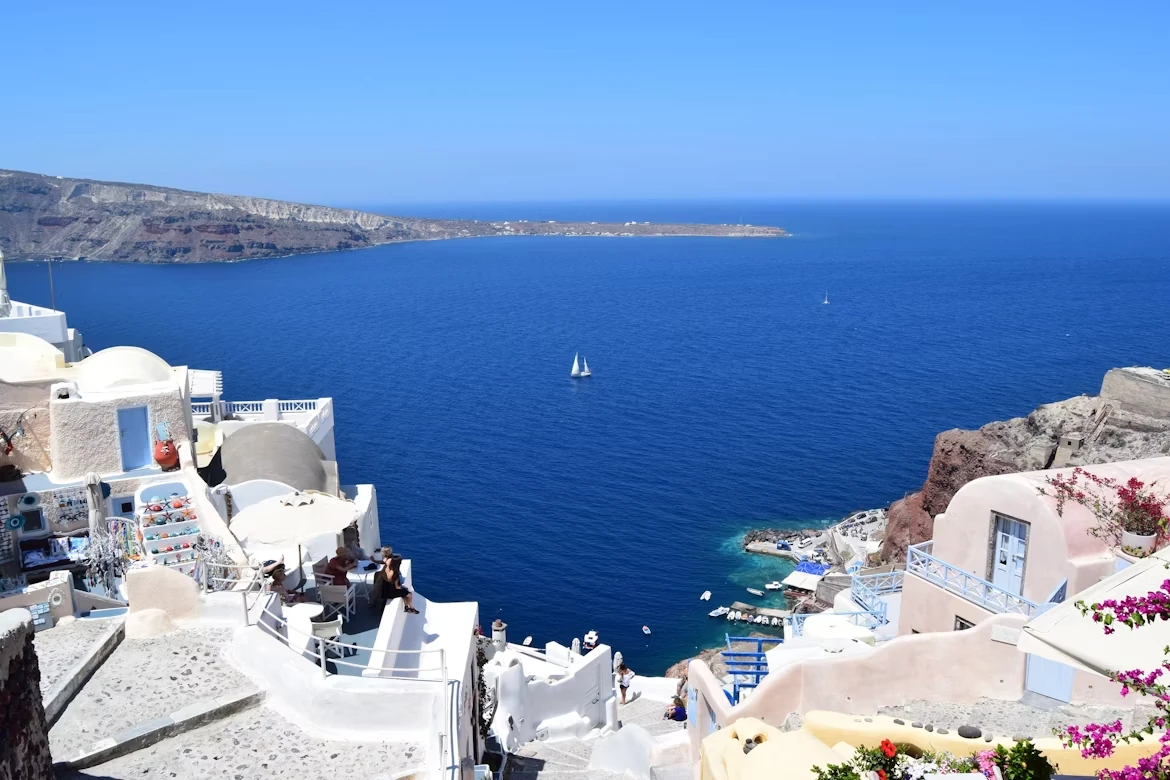 Blue-domed churches over the Santorini caldera