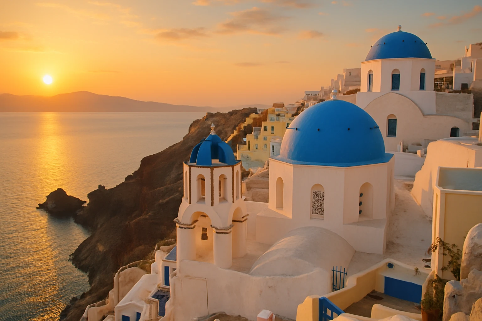 Golden hour light over Santorini's blue domes