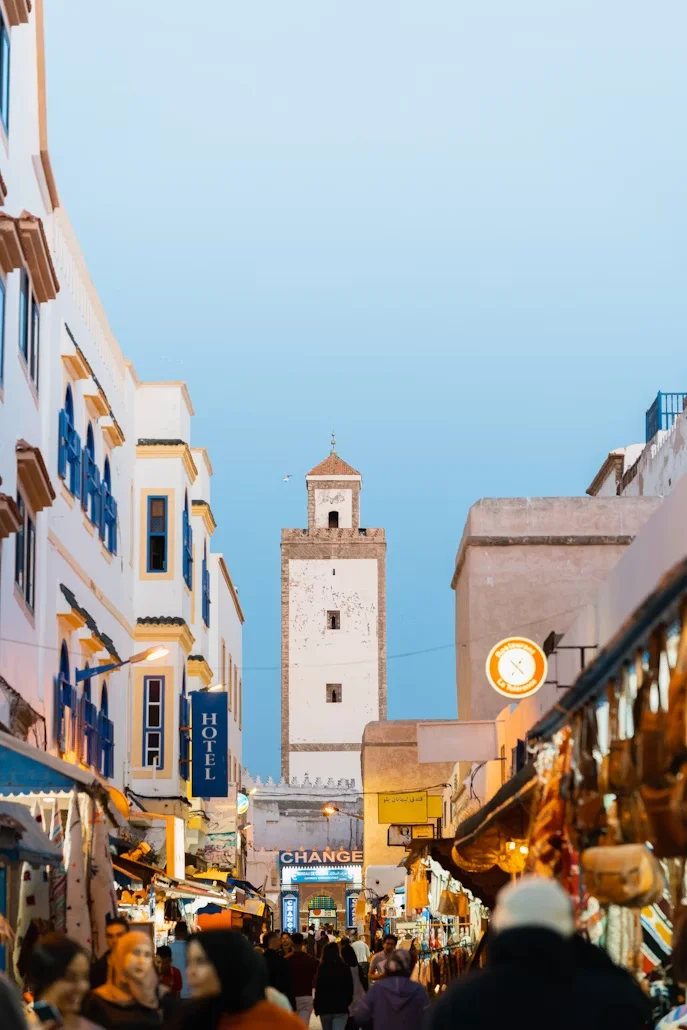 Moroccan medina market street at dusk